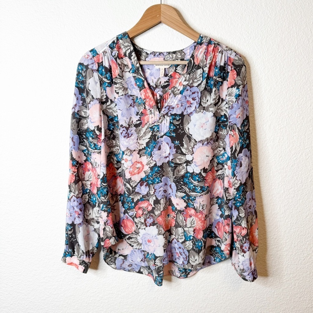 Rebecca Taylor Long Sleeve Silk Penelope Top in Coal Floral Size 4 US
